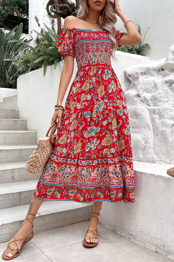 Robe d’été imprimée verte à épaules dénudées